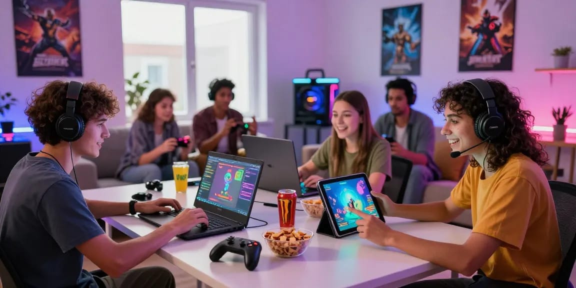 Exciting online gaming atmosphere at https://xx88.se.net/ with players enjoying various games on laptops and mobile devices.