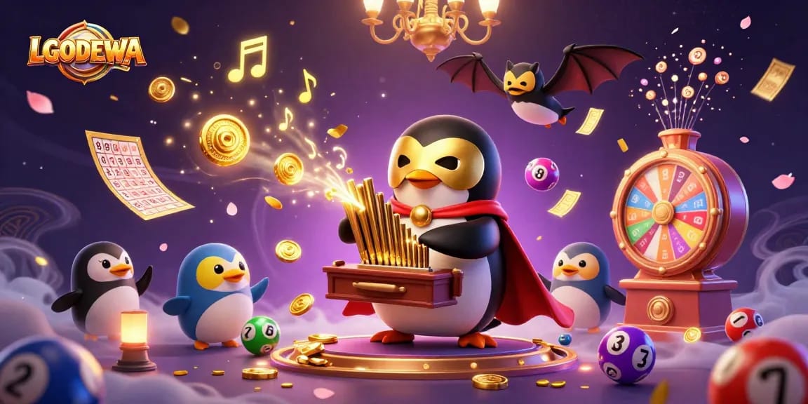 Win exciting prizes with LGODEWA's vibrant lottery scene featuring colorful elements and dynamic action.