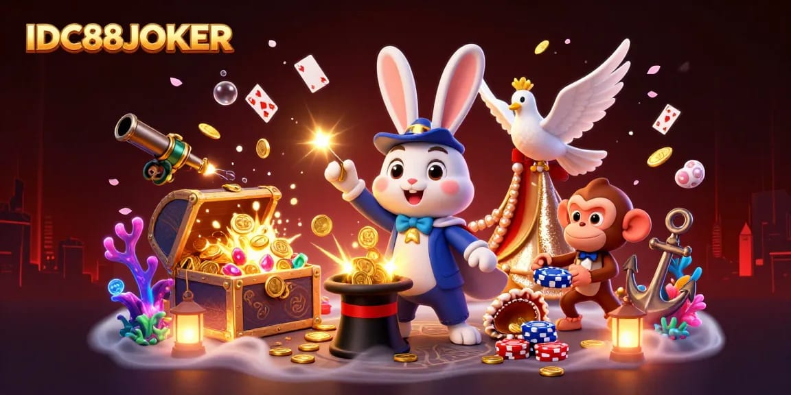 Engage with IDC88JOKER by pulling in golden coins, vibrant action filled with poker chips.