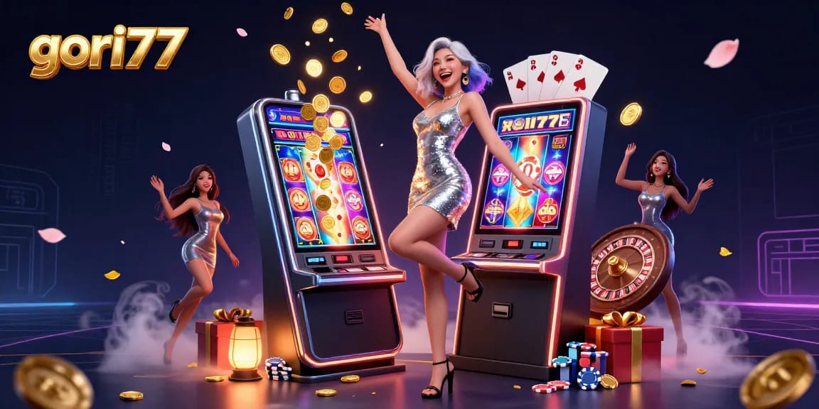 Experience thrilling wins with gori77 as a glamorous lady celebrates at a dazzling slot machine.