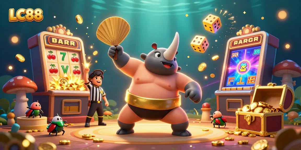 Experience the thrill of LC88 with a dynamic scene featuring colorful casino game elements and playful creatures.