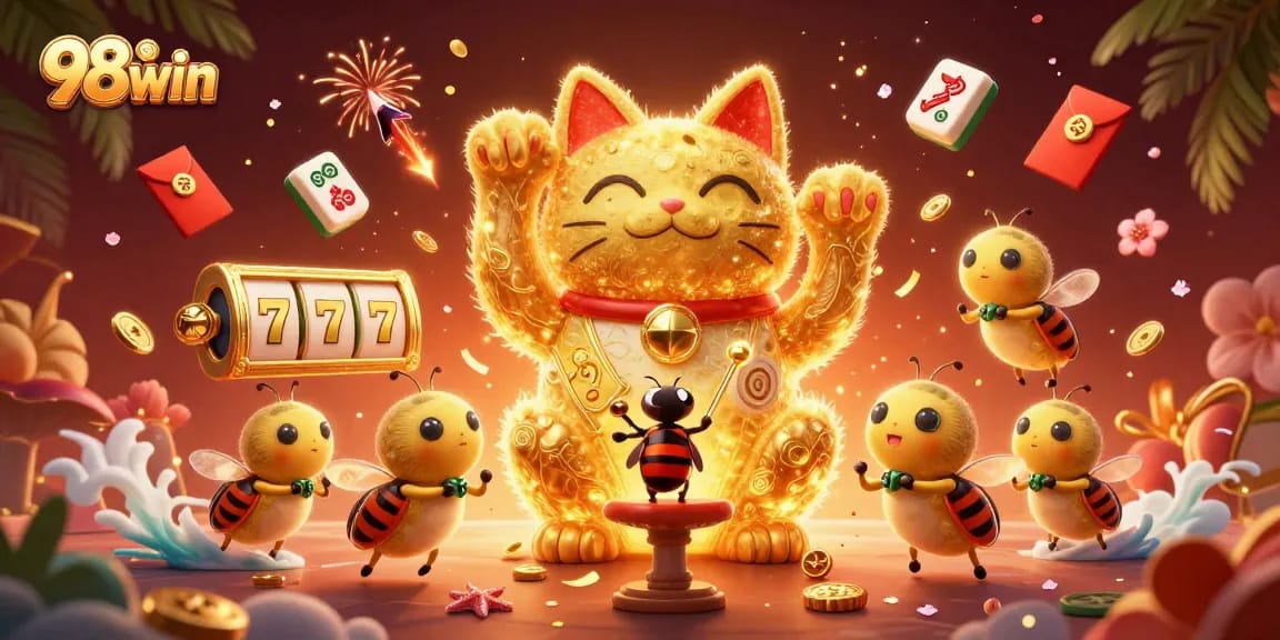 Experience thrilling slots and casino excitement with 98win in this vibrant 3D illustration.