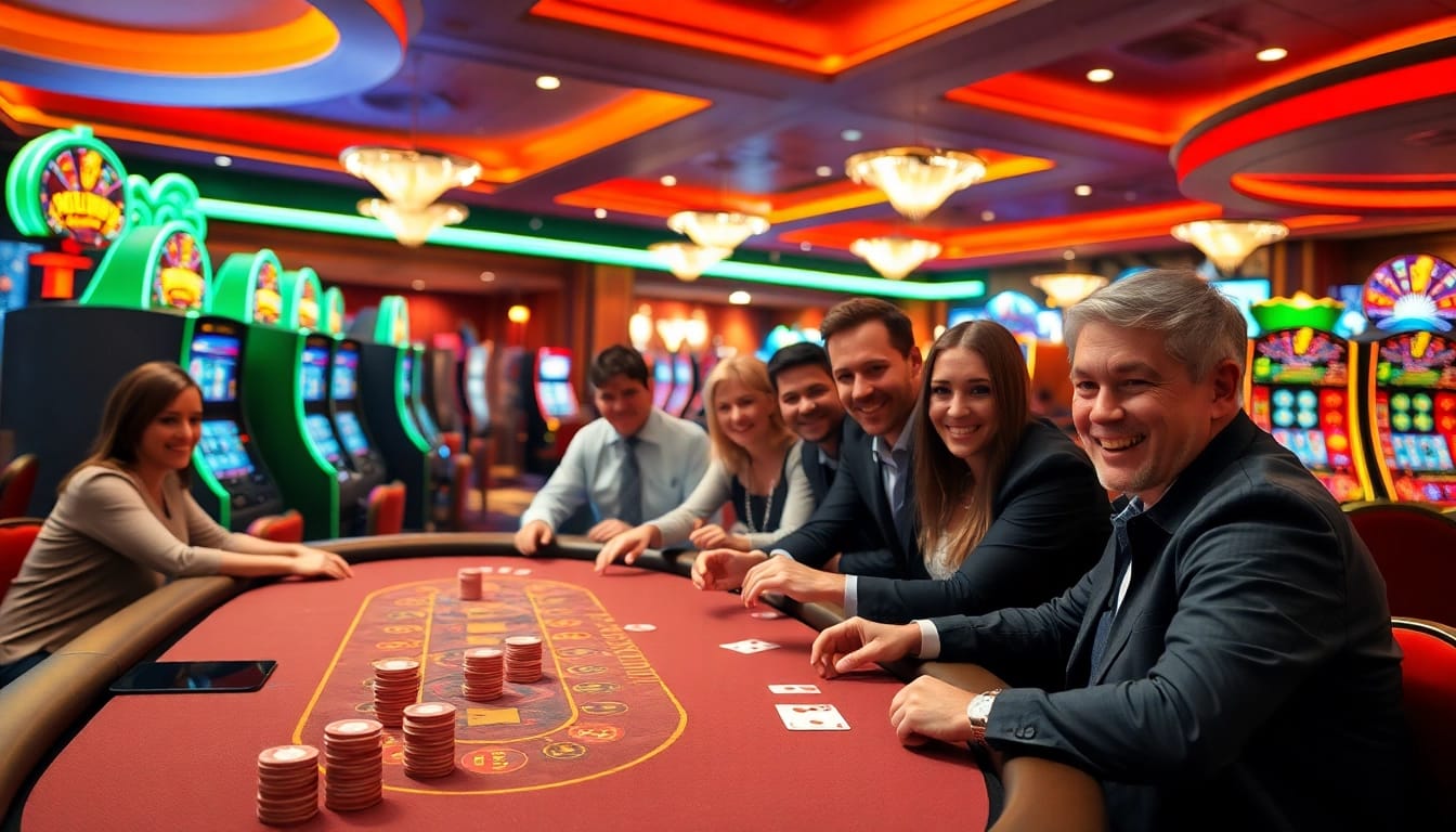 Exciting scene at a non gamstop Casino Uk with enthusiastic players and vibrant games.