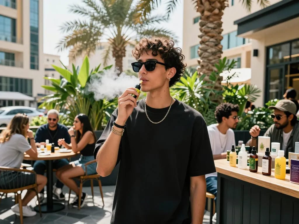 Enjoying THC vapes in Dubai's trendy cafes while discussing how to Buy weed in Abu Dhabi, surrounded by greenery.