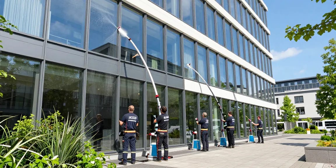 Professionelle Glasreinigung in Dortmund mit Reinigungsteam, das Fenster und Rahmen säubert, unter strahlendem Sonnenschein, umweltfreundliche Reinigungsmittel verwendet.