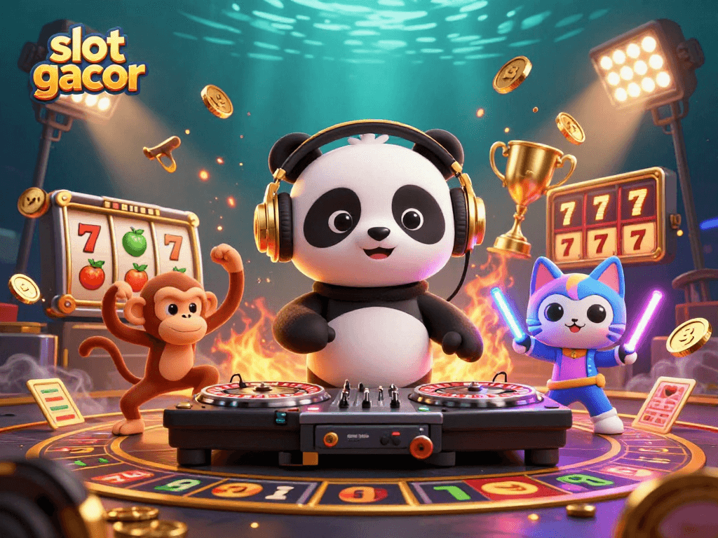 Engage with slot gacor excitement through an ultra-detailed 3D casino illustration featuring vibrant characters and game elements.