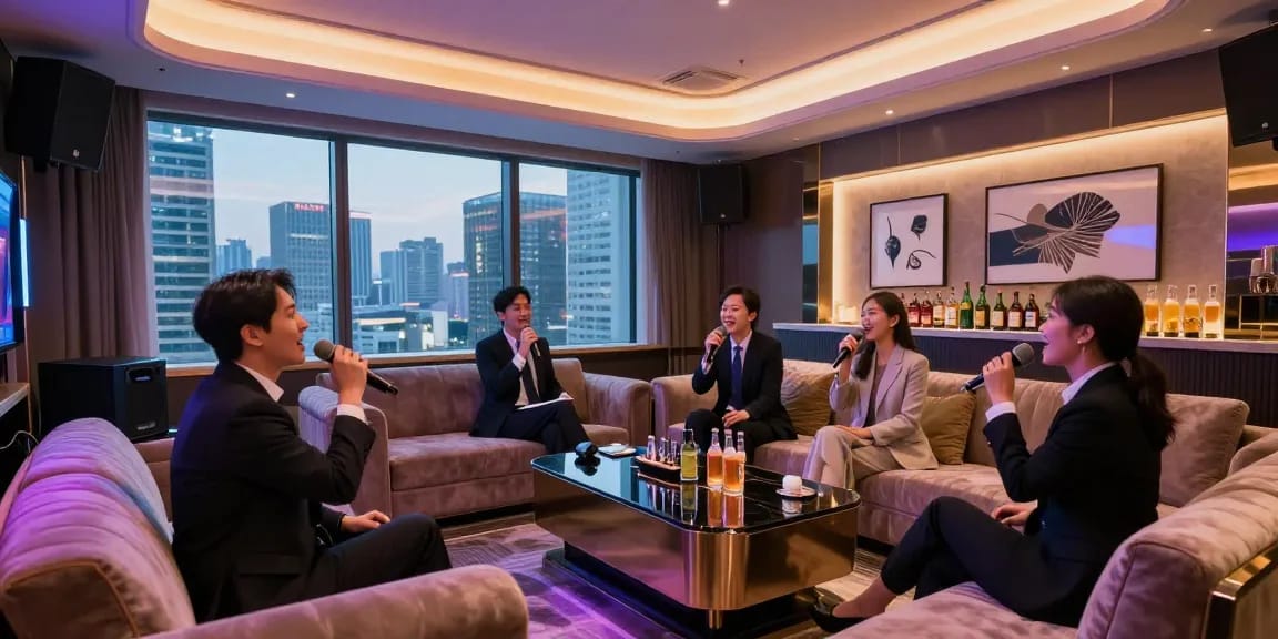 gangnammicroom.com의 프리미엄 강남가라오케룸에서 비즈니스 모임과 노래를 즐기는 모습