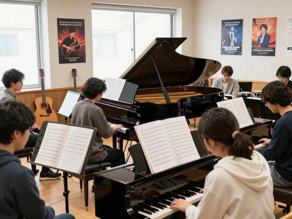 歓迎する教室の雰囲気の中で音楽レッスンを楽しむ多様なグループ、音楽教室おすすめを強調。