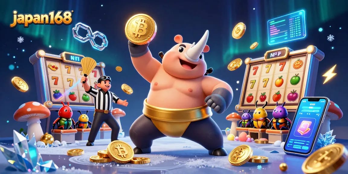 Spin to win with japan168 as a powerful sumo beetle unleashes a shower of golden coins in a vibrant casino scene.