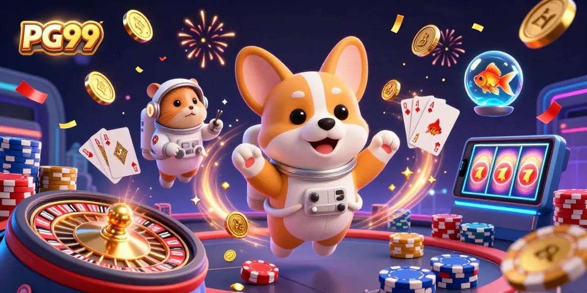 Experience the excitement of PG99’s casino with floating coins and cards in a vibrant 3D scene.