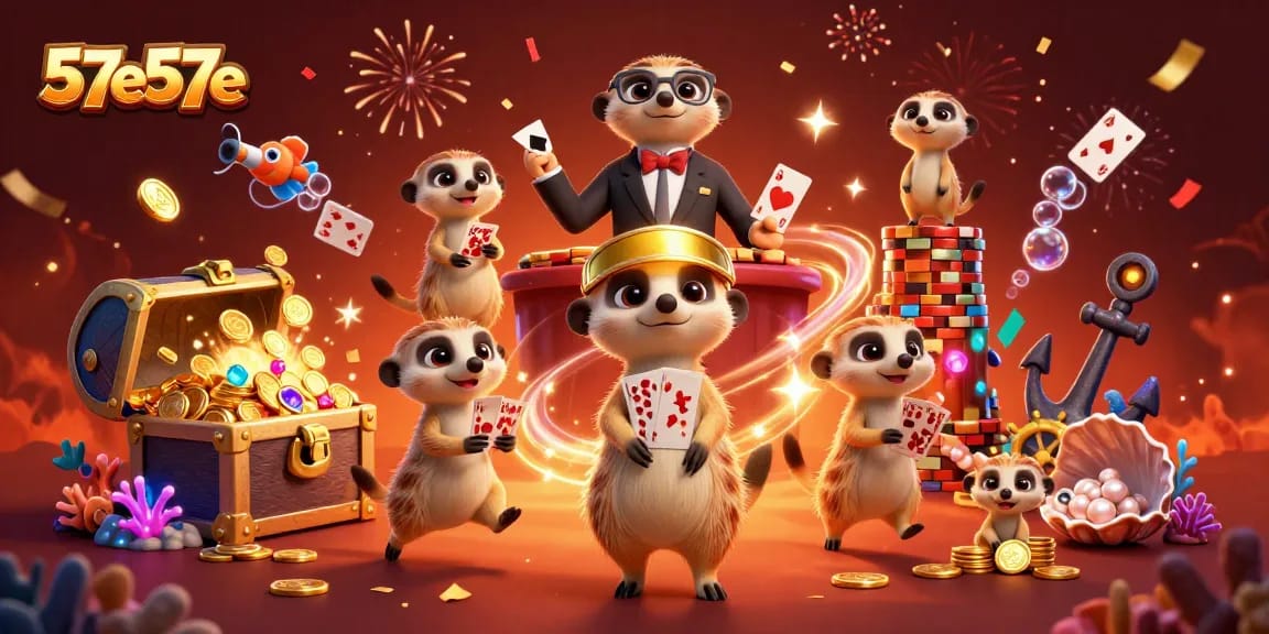 Suricatos animando o cassino 57e57e, cercados de tesouros e elementos de jogo.