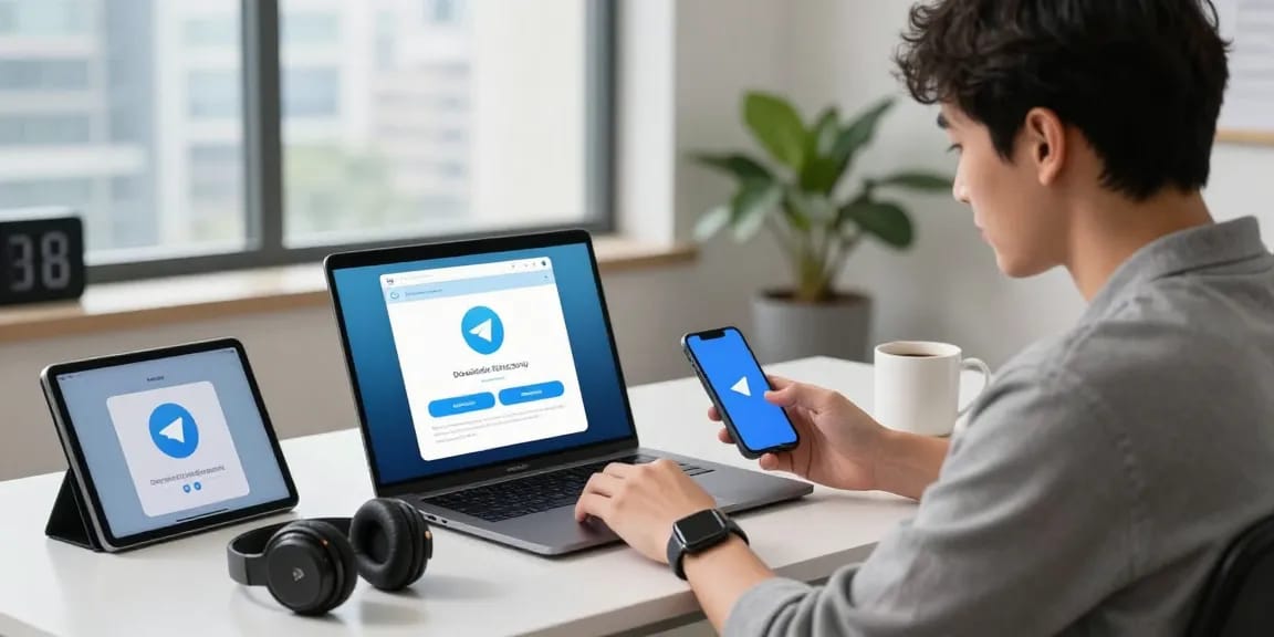 Engaging tech workspace featuring a user downloading Telegram with devices and modern decor.