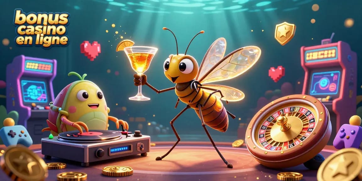 Vivez l'excitation du bonus casino en ligne avec un mosquito masbote et un DJ trilobite animés sur un fond de jeu coloré.