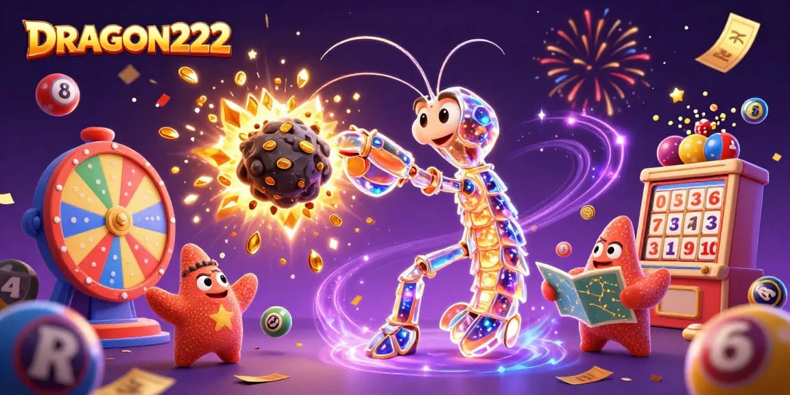 Engage with DRAGON222’s excitement in this vibrant 3D illustration of a galactic samurai amidst a celebration of winning.