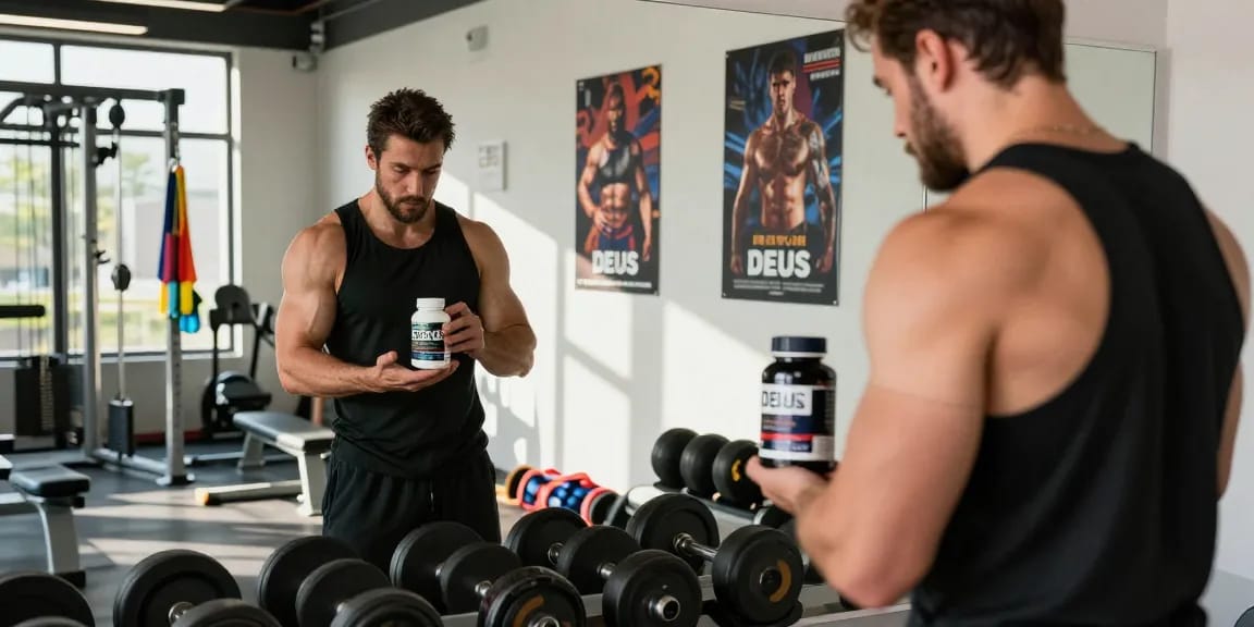 Deus Medical Steroide in einem Fitnessstudio mit motiviertem Athleten und Trainingsgeräten