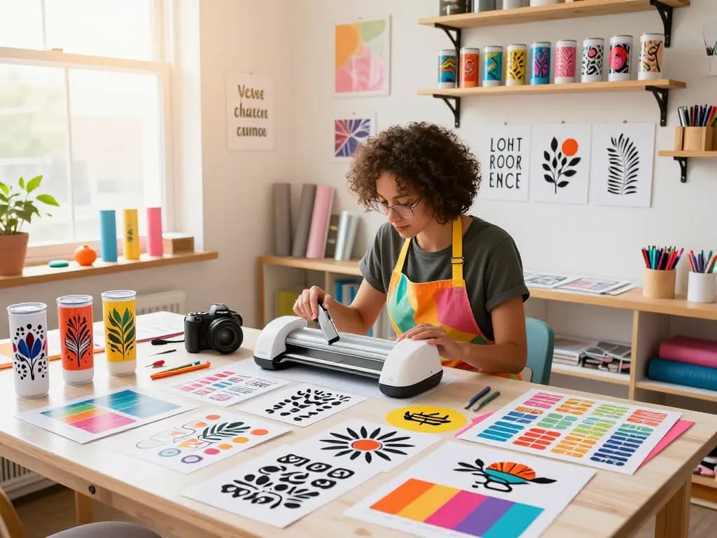 Crafting studio with a person selecting an svg bundle, surrounded by colorful designs and Cricut tools.