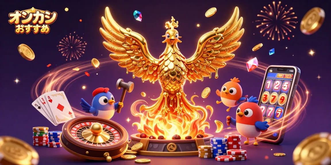 オンラインカジノのおすすめサイトを紹介するため、金を象徴するキャラクターと華やかな装飾が描かれています。