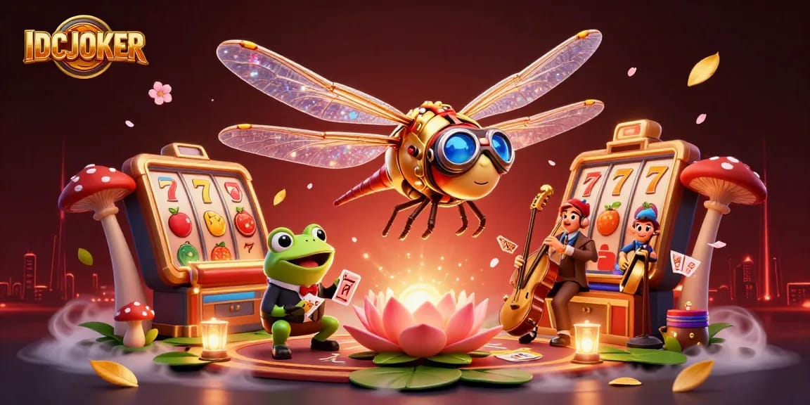 IDCJOKER showcases a vibrant casino scene featuring a dragonfly pilot, frog dealer, and jazzy crickets.