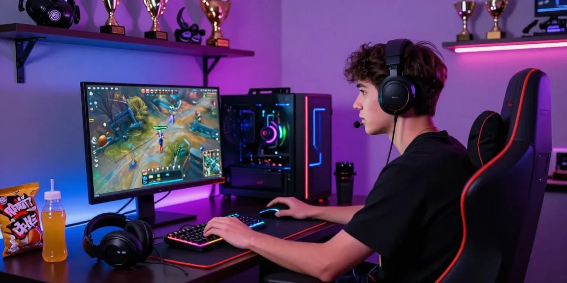 Gamer focused on rokok88 login while competing in intense gameplay, surrounded by gaming setup and vibrant LED lights.