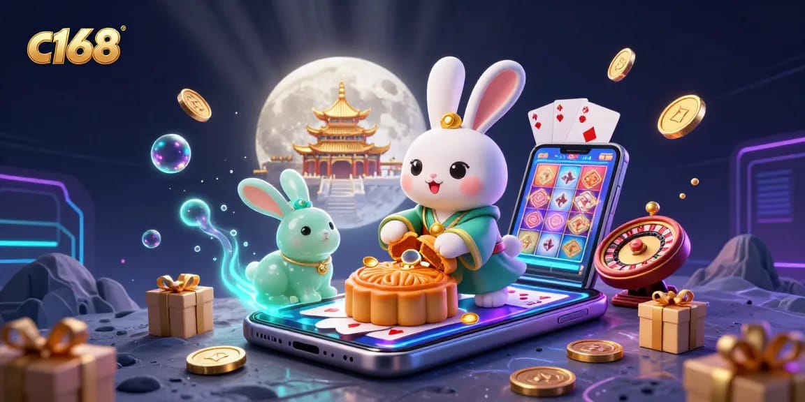Experience the thrill of c168 with a vibrant 3D scene featuring a moon rabbit at play, revealing poker chips.