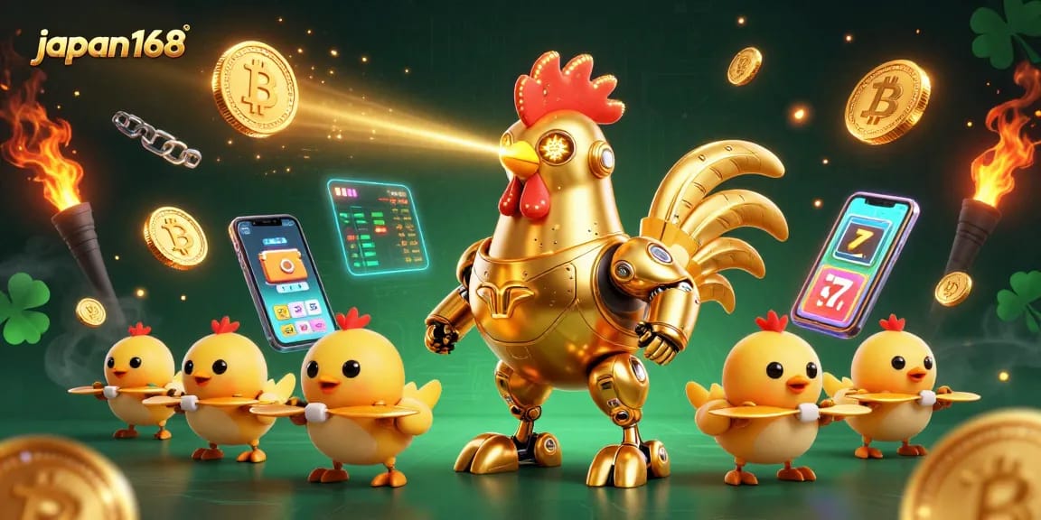 Experience thrilling Japan168 gameplay with vibrant golden rooster robot and baby chick drones in a dynamic casino scene.