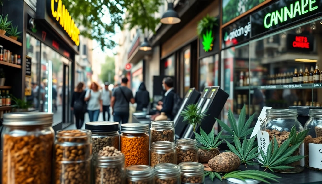 Shop display of Cannabis Shop Madrid featuring vibrant products in an urban setting.
