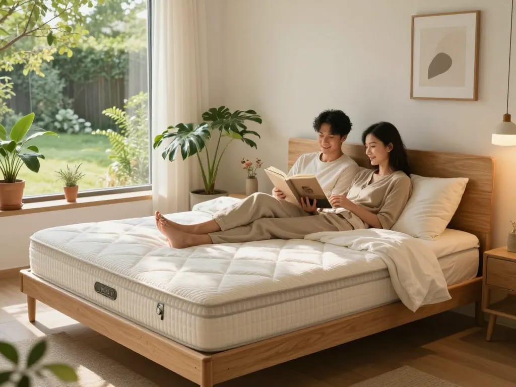 Couple enjoying a comfortable natural mattress made from organic materials in a sunlit bedroom.