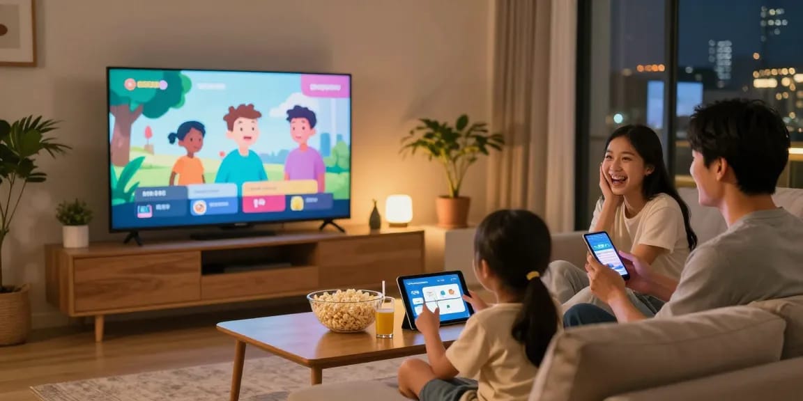 Families enjoying IPTV streaming together in a cozy living room