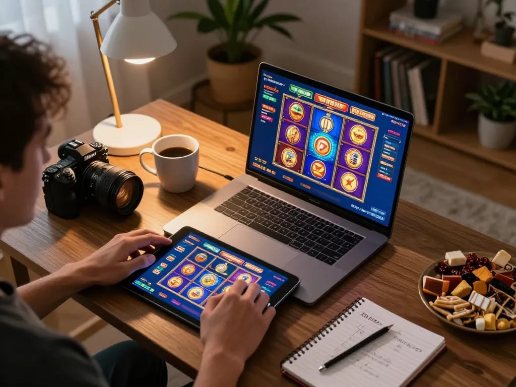 Engaging with slots not on Gamstop during an online gaming session, featuring exciting gameplay on screen