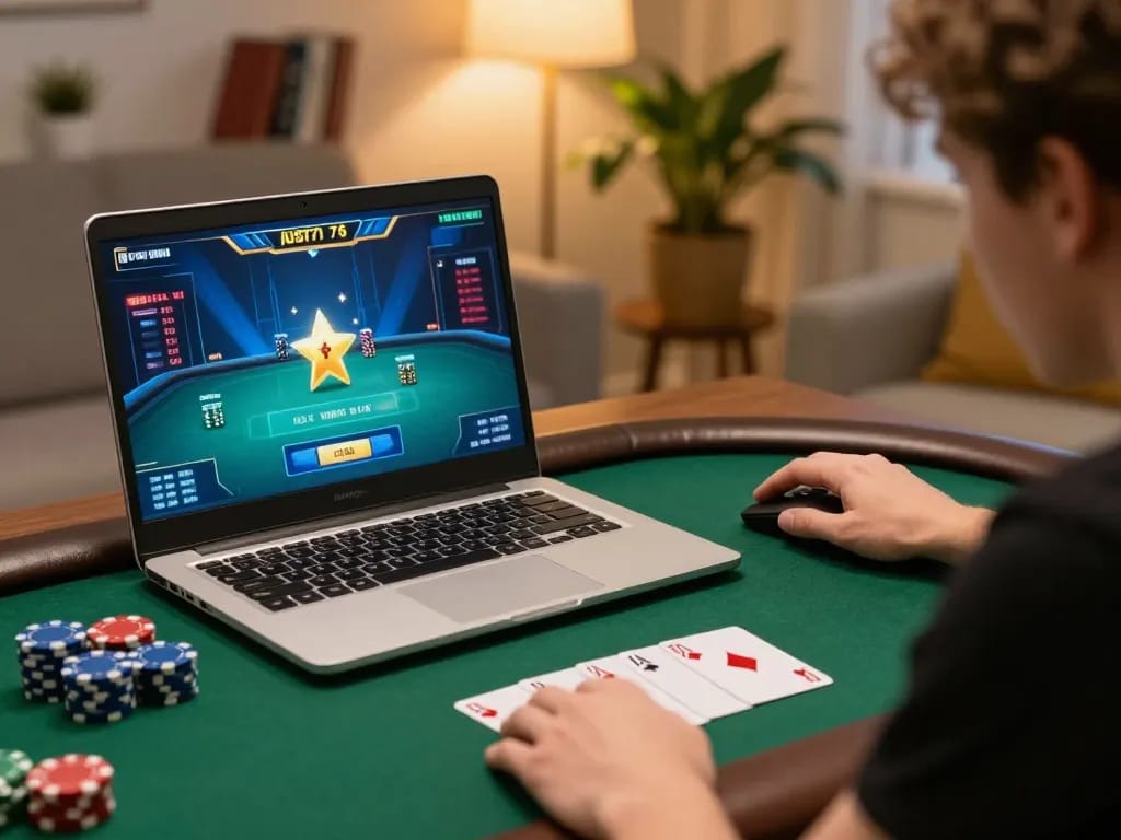 Player analyzing cards during strategic poker gameplay on jus77 platform in a cozy home setting.