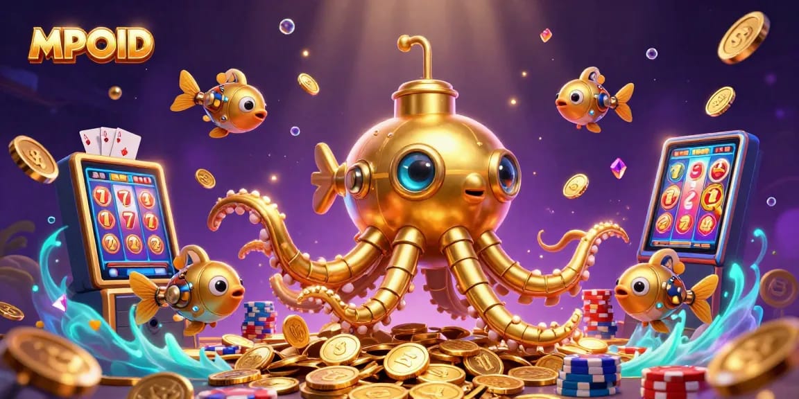 MPOID showcases slot reels, golden coins, and a kraken submarine in a rich casino-themed digital scene.
