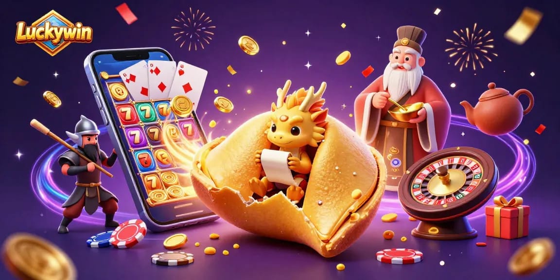Spin the reels at Luckywin with vibrant coins and a whimsical dragon in a celebratory atmosphere.