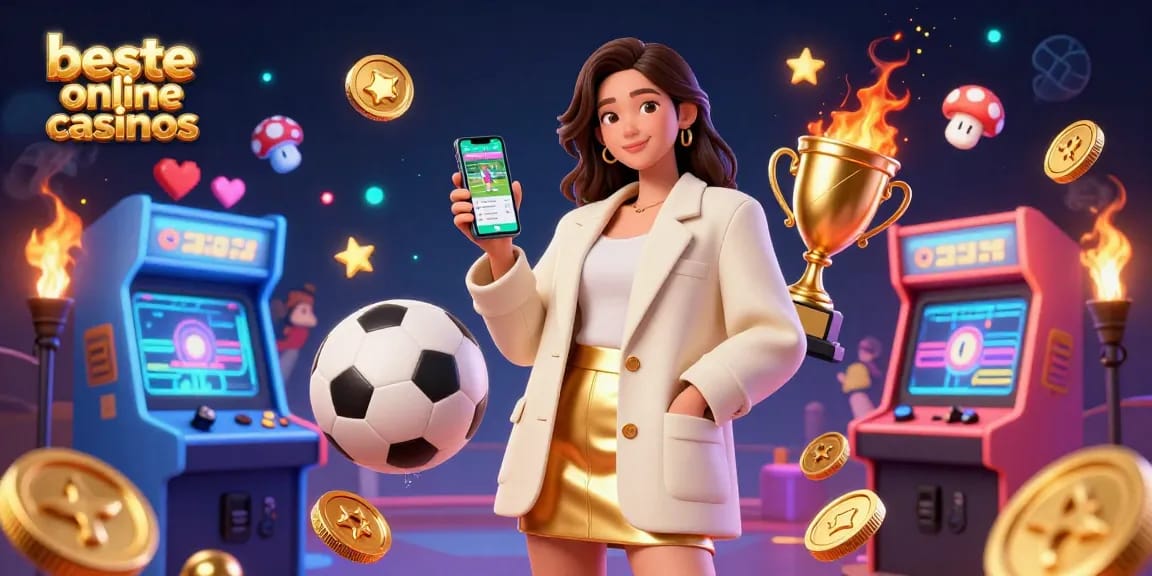 Engage with the beste online casinos through a vibrant 3D illustration featuring gambling elements and a friendly approach.