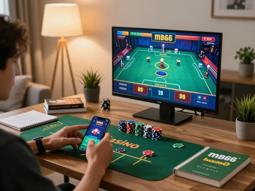 Player engaging with mb66 app on smartphone in cozy living room while managing poker chips.