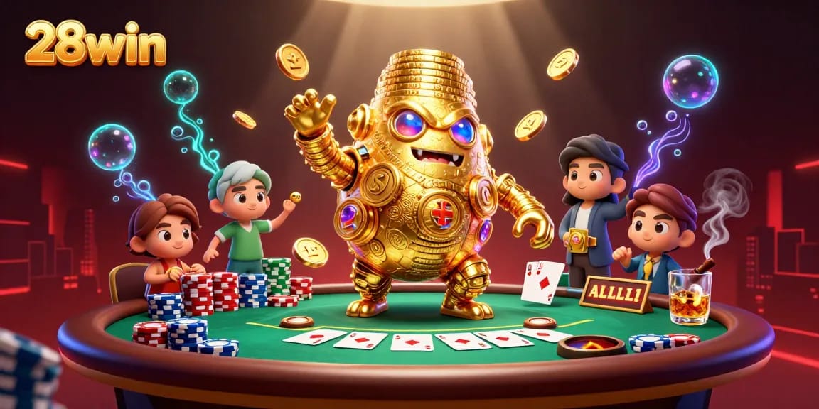 Engage in the thrilling world of 28win as vibrant game elements fill the scene, showcasing dynamic poker action.