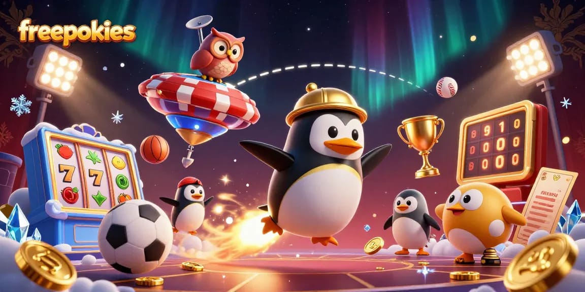Engage with freepokies in this dynamic 3D casino scene featuring golden penguins and exciting game elements.