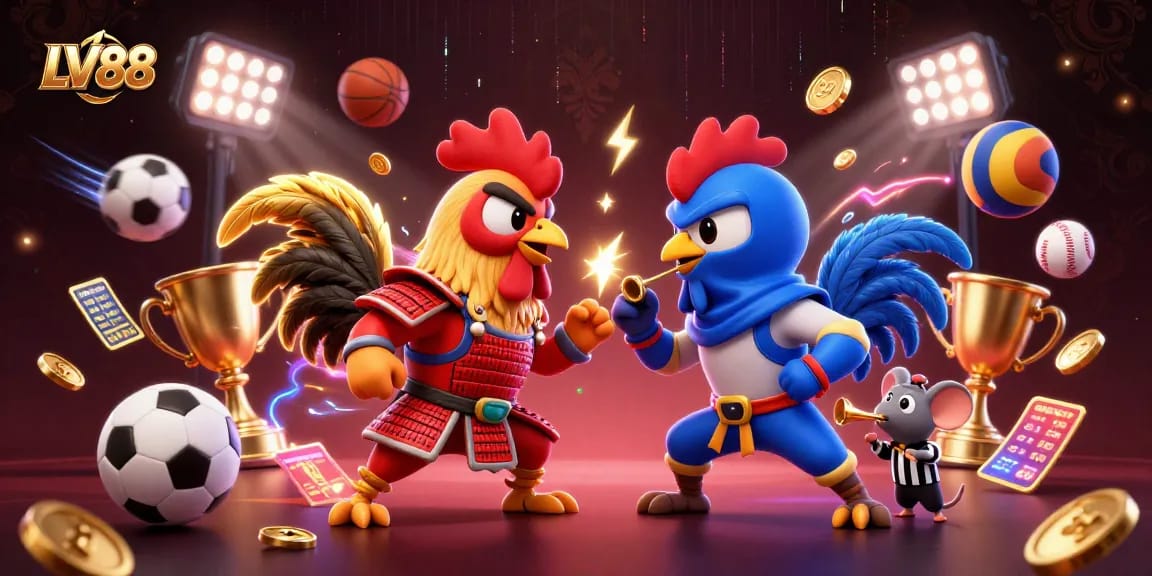 Engage in LV88 betting excitement with dynamic fighting roosters and sports action elements.