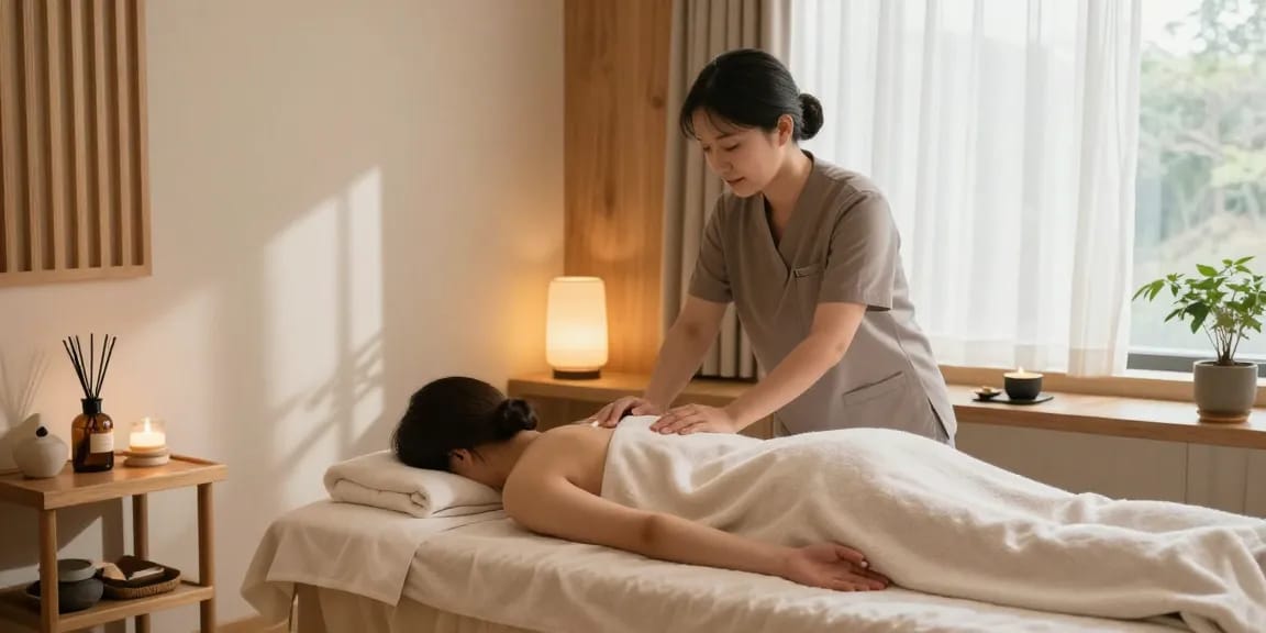 포항마사지 전문 치료를 받고 있는 고객의 편안한 모습과 마사지 스튜디오의 아늑한 분위기