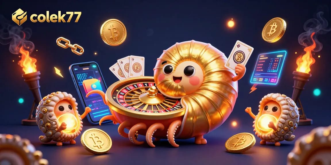 Engage with colek77 casino experience showcasing a giant nautilus and glowing cryptocurrency coins.