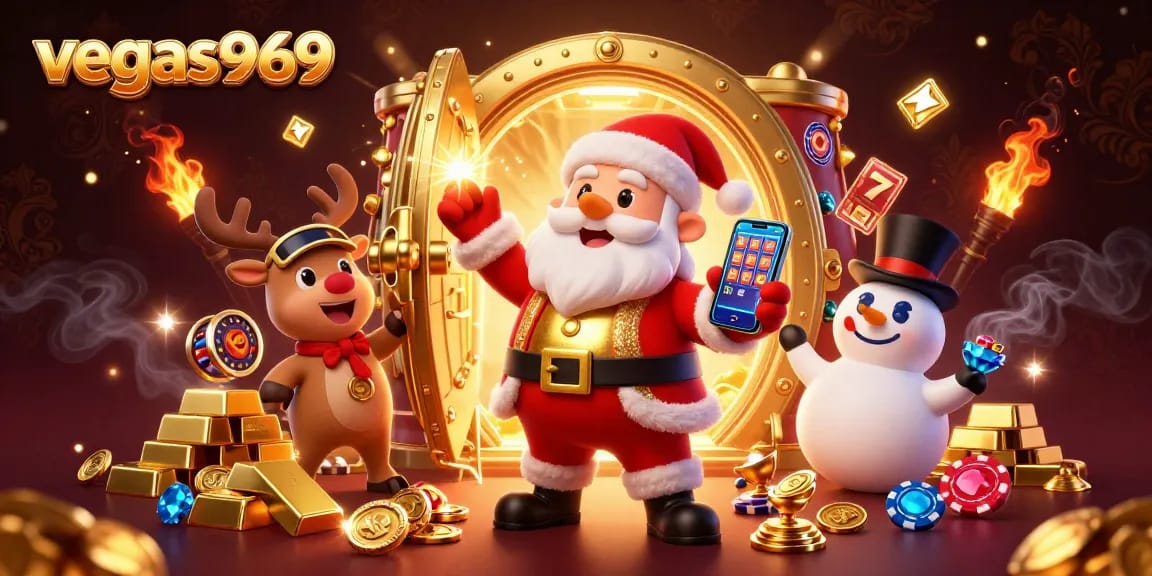 Experience the excitement of vegas969 with Santa, a reindeer dealer, and a chip-top hat snowman celebrating jackpots.