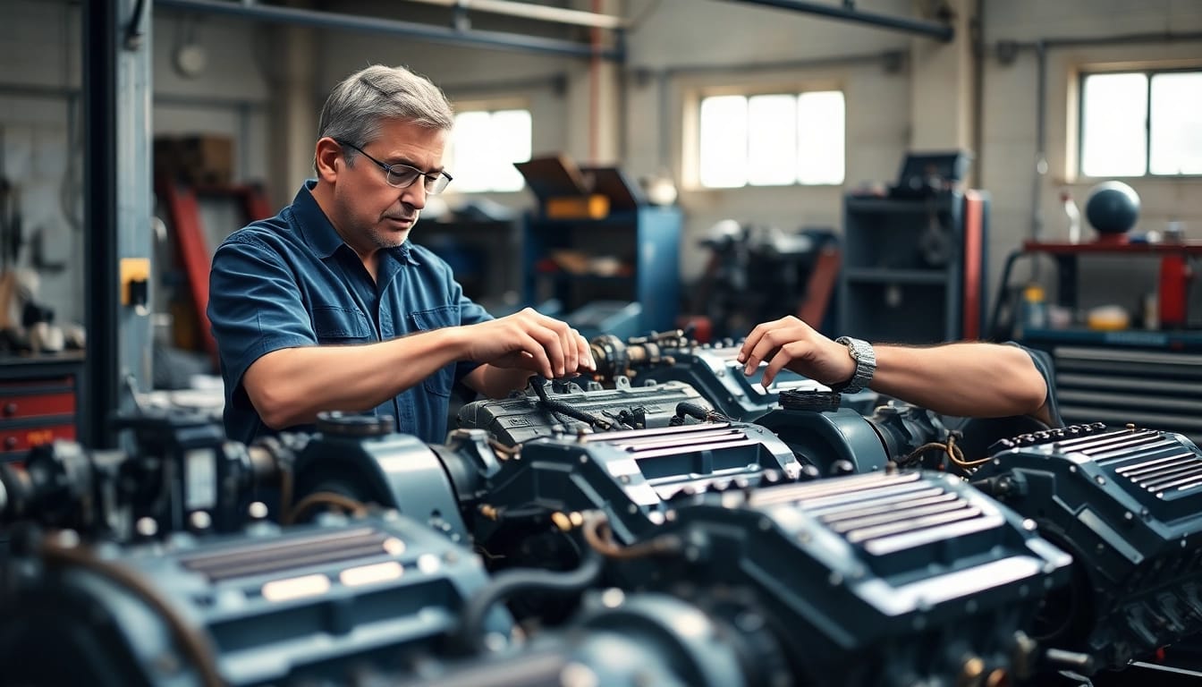 Inspecting used engines with precision in a professional garage.