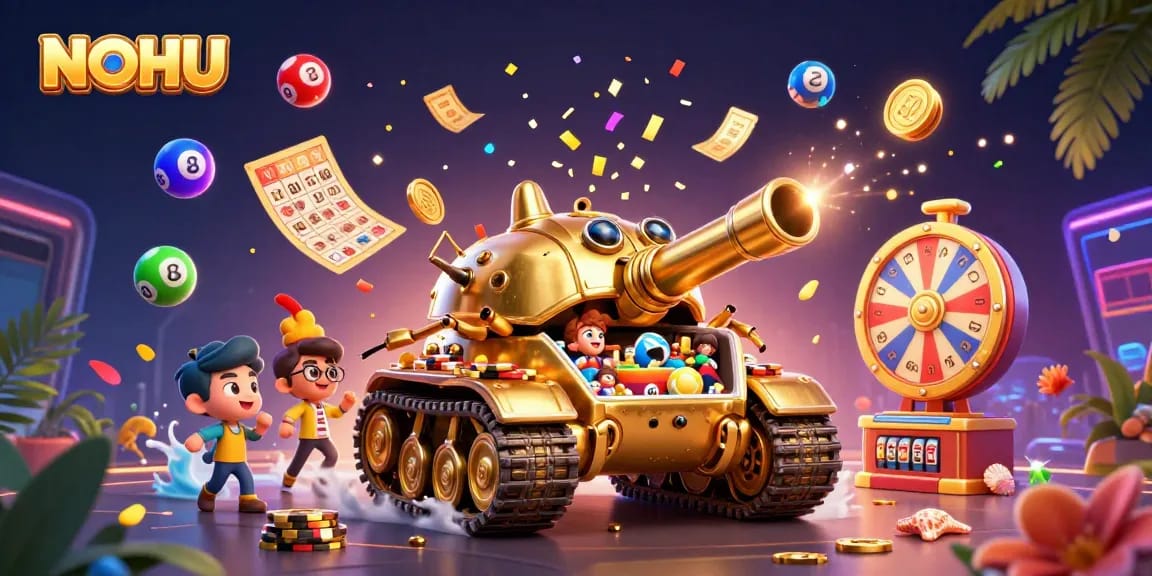 Engage with NOHU, a fun-filled 3D casino scene featuring vibrant colors and dynamic gaming elements.