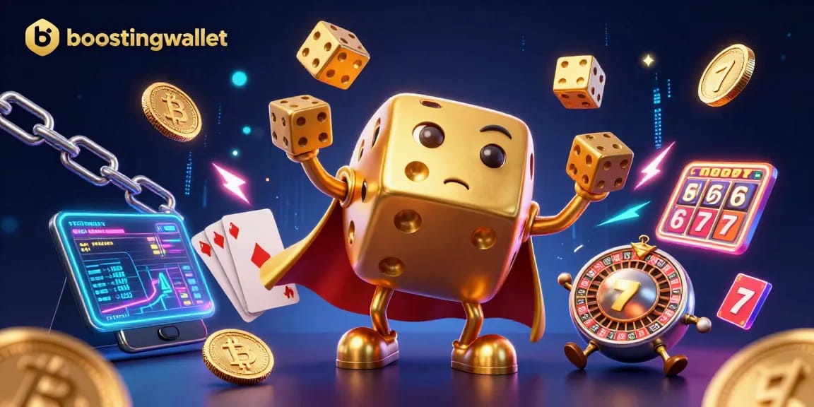 Boostingwallet showcases a vibrant scene with casino elements and crypto, featuring a golden dice golem.