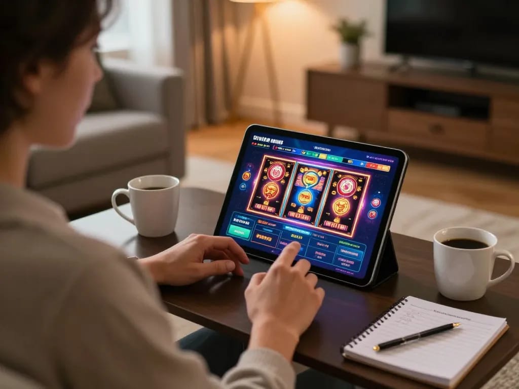 Engaged player at home using abc8 tablet for online casino slots gaming strategy.
