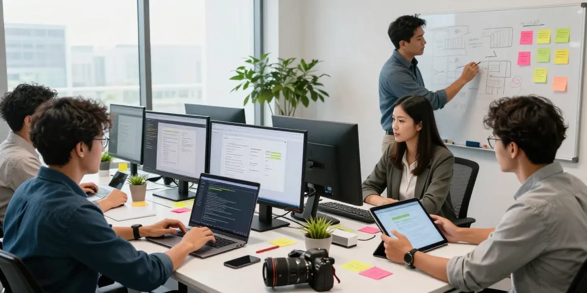 Team collaboration in a web development Malaysia office, showcasing designers and developers crafting innovative solutions.