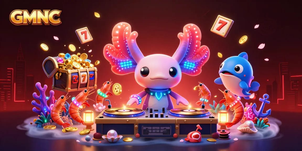 GMNC presents a vibrant underwater casino scene with a dynamic neon-colored DJ and engaging gaming elements.