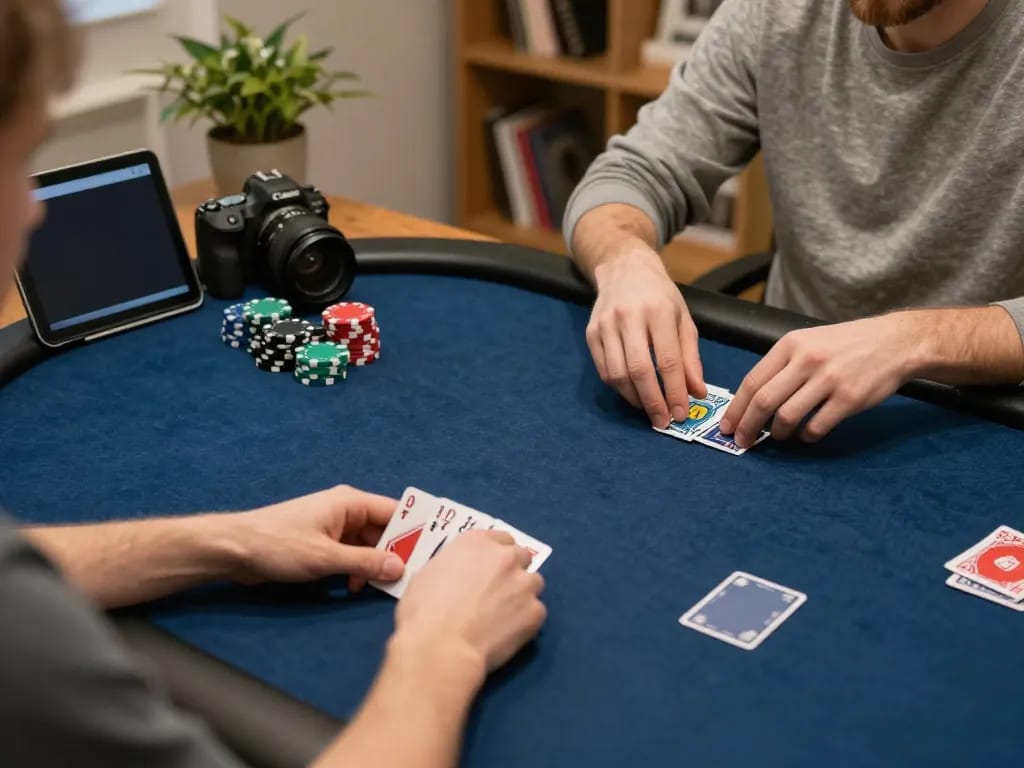 Player engaging in online poker using a kkwin app on a tablet, showcasing cards and chips in a cozy home atmosphere.
