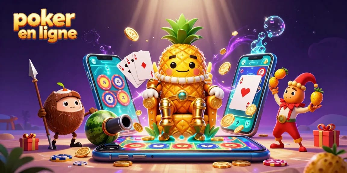 Jouez au poker en ligne avec des jets de jetons et un roi ananas dans un casino animé.