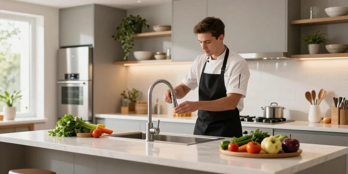 Modern kitchen faucets installation by a home cook with fresh ingredients.