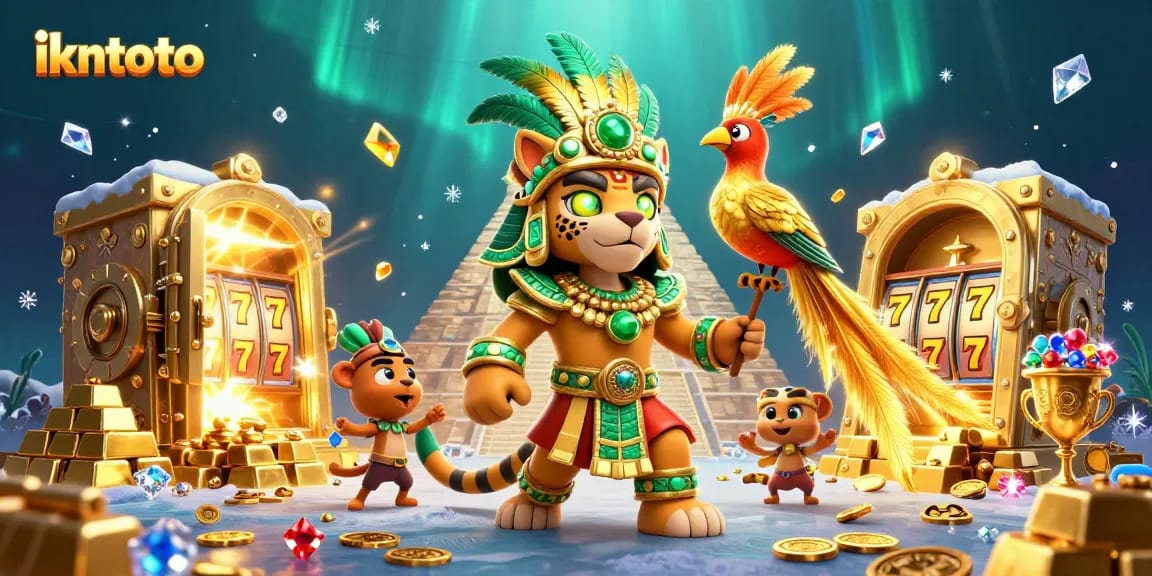 Engage with ikntoto at a vibrant casino scene featuring Mayan characters and slot elements.